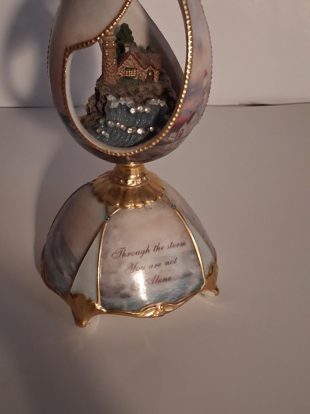 Thomas Kinkade Musical Lighthouse Egg Figurine - White and Gold